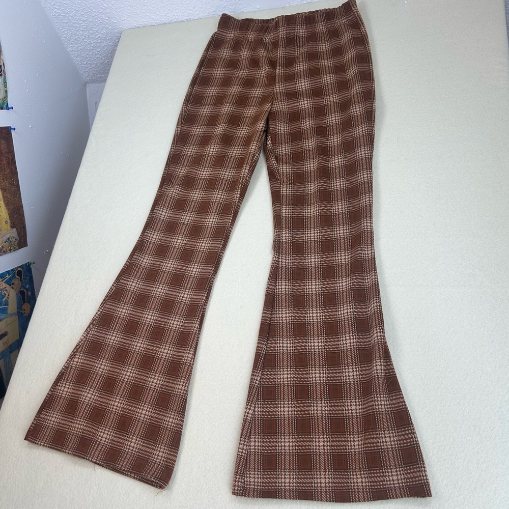 Brown Plaid Flared Pants